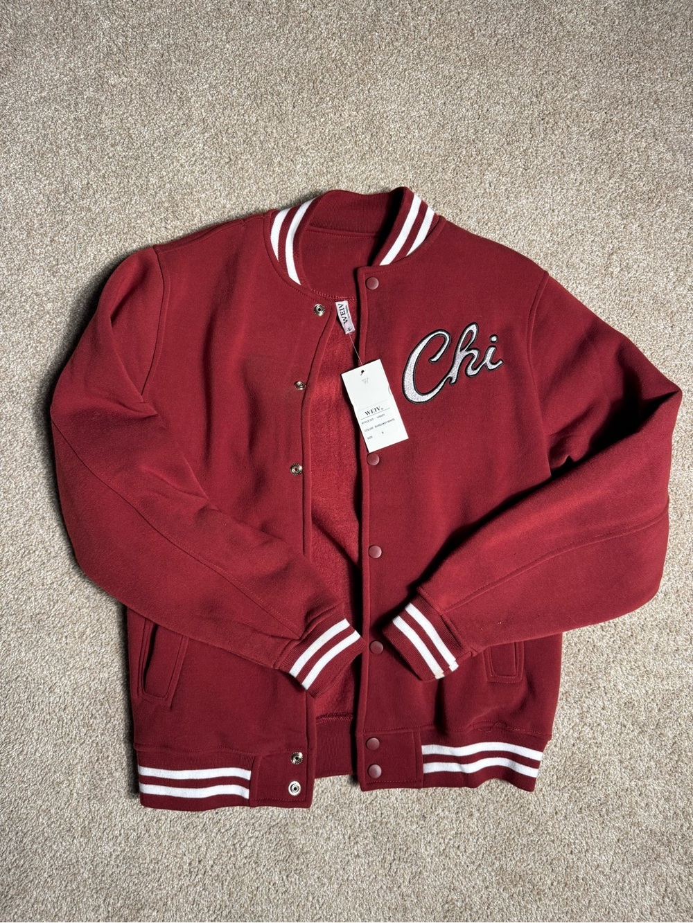 Chi Embroidered Burgundy Varsity Jacket
